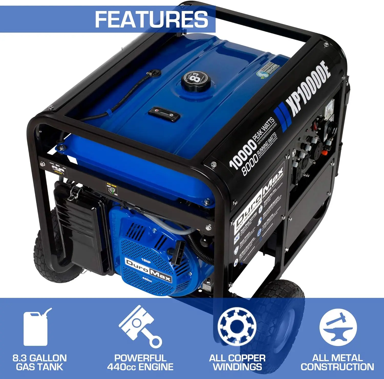 DuroMax XP10000E Gas Powered Portable Generator-10000 Watt Electric Start-Home Back Up & RV Ready,