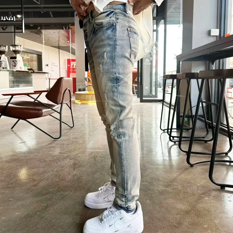 High Street Fashion Designer Men Jeans Retro Washed Yellow Blue Stretch Skinny Fit Ripped Jeans Men Hip Hop Brand Pants Hombre