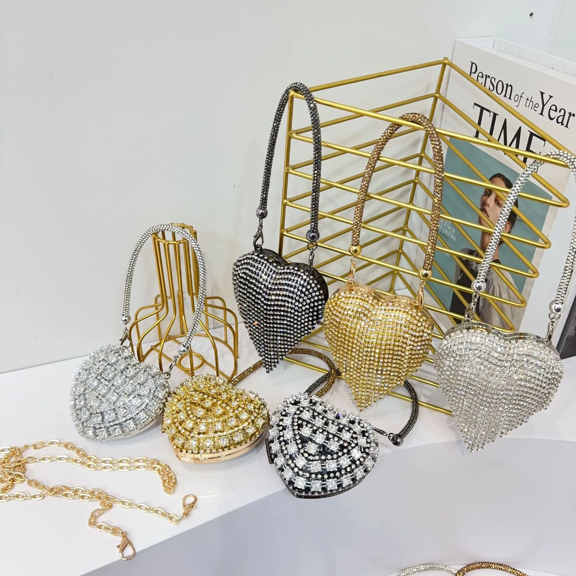 Luxury Mini Diamond Inlay Heart Shape Crystal Clutch Purse Stones Evening Wedding Party Shoulder Bags Handle Rhinestone Handbags