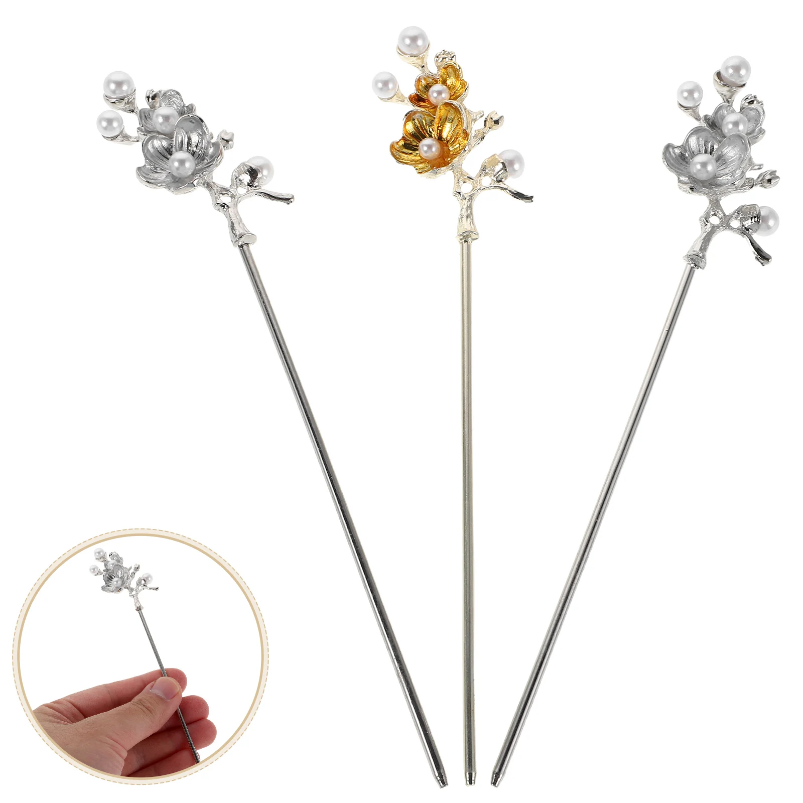 

3pcs Pearl Pins Wedding Bridal Hair Accessories Flower Vintage Metal Bun Holders Women Retro Chinese Hair Sticks Formal Event