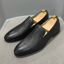 Men's Loafer Shoes Genuine Leather Slip-On Casual Business Shoes for Men Black Green Pointed Toe Dress Shoes for Wedding Party