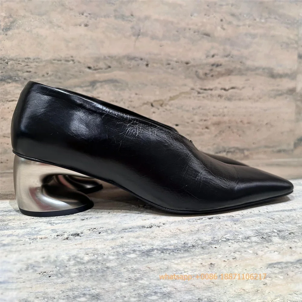 

Женские туфли-лодочки из натуральной кожи на странном каблуке, осень 2022, новые туфли без шнуровки для вечеринок, офиса, повседневная обувь с квадратным носком, уличные туфли на металлическом каблуке