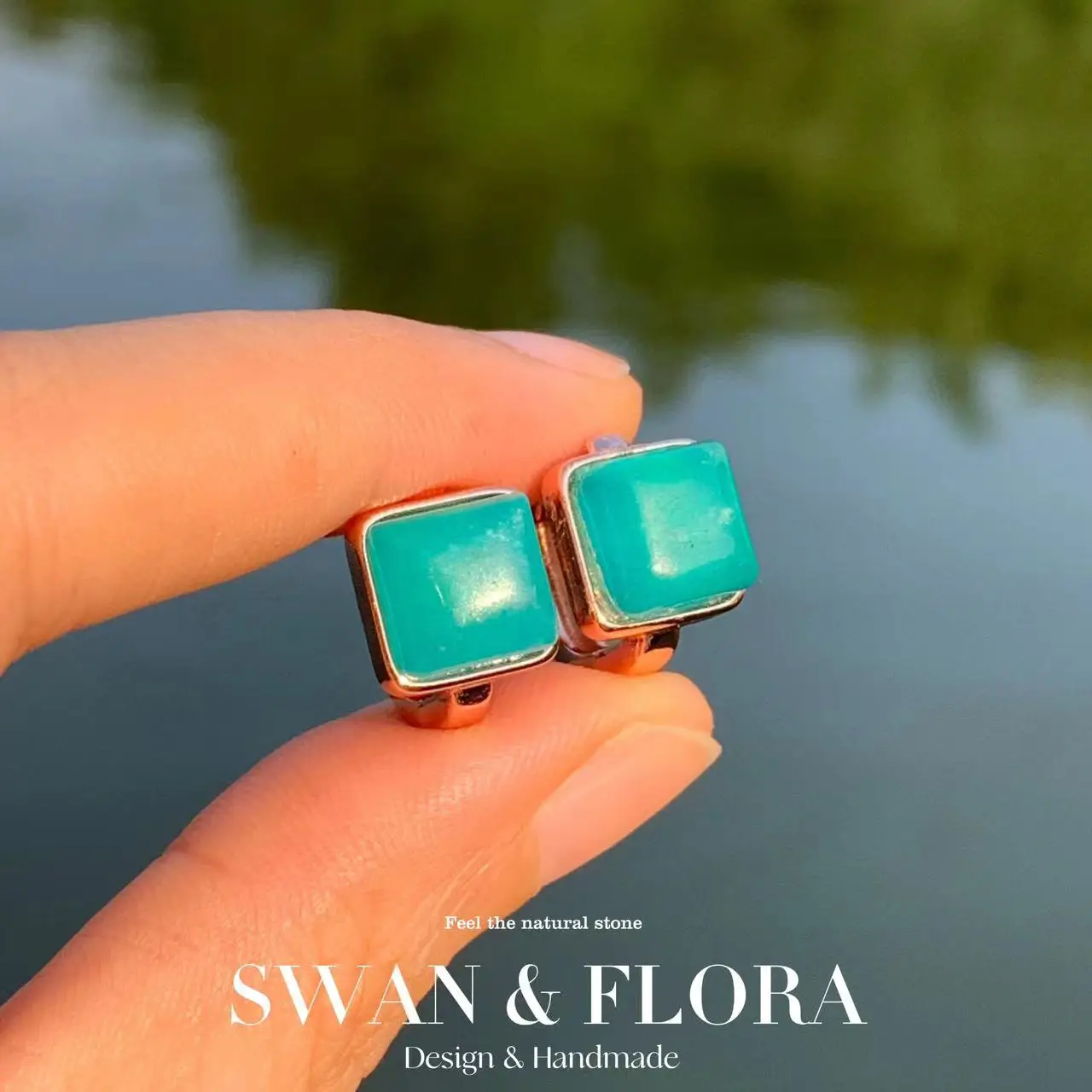 Square Natural Amazonite ROSE GOLD Plated Stud Earrings for women Jewelry Gift Blue Simple Jewelry Classic