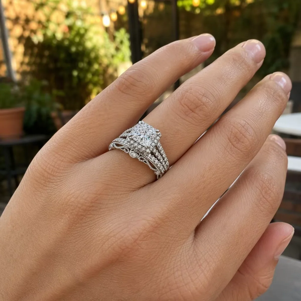 2pcs 925 Sterling Silver Princess Cut Moissanite Bridal Rings Set Women Stackable Engagement Wedding Rings Jewelry