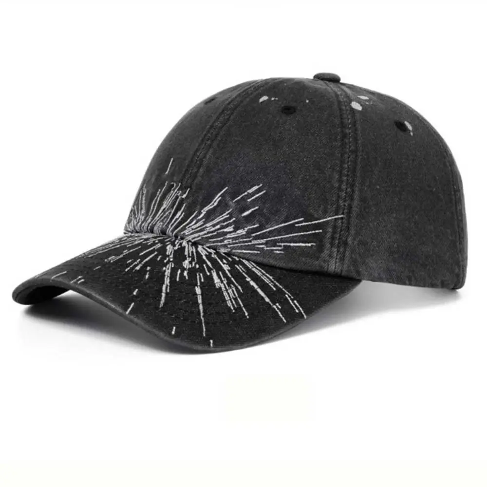 Printed Design Washed Cotton Baseball Cap Soft Top Adjustable Distressed Denim Hat Knitted Embroidery Concert Tour Cap Unisex