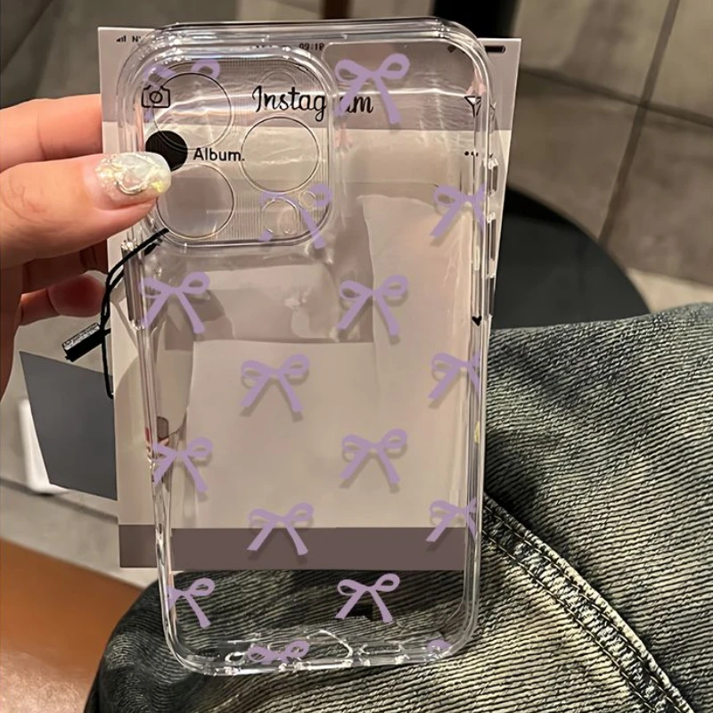 

Purple Bow Phone Case For iPhone 17 16 15 11 12 14 13 Pro Max Mini X XS XR 7 8 Plus SE4 16E Shockproof Transparent Soft Cover