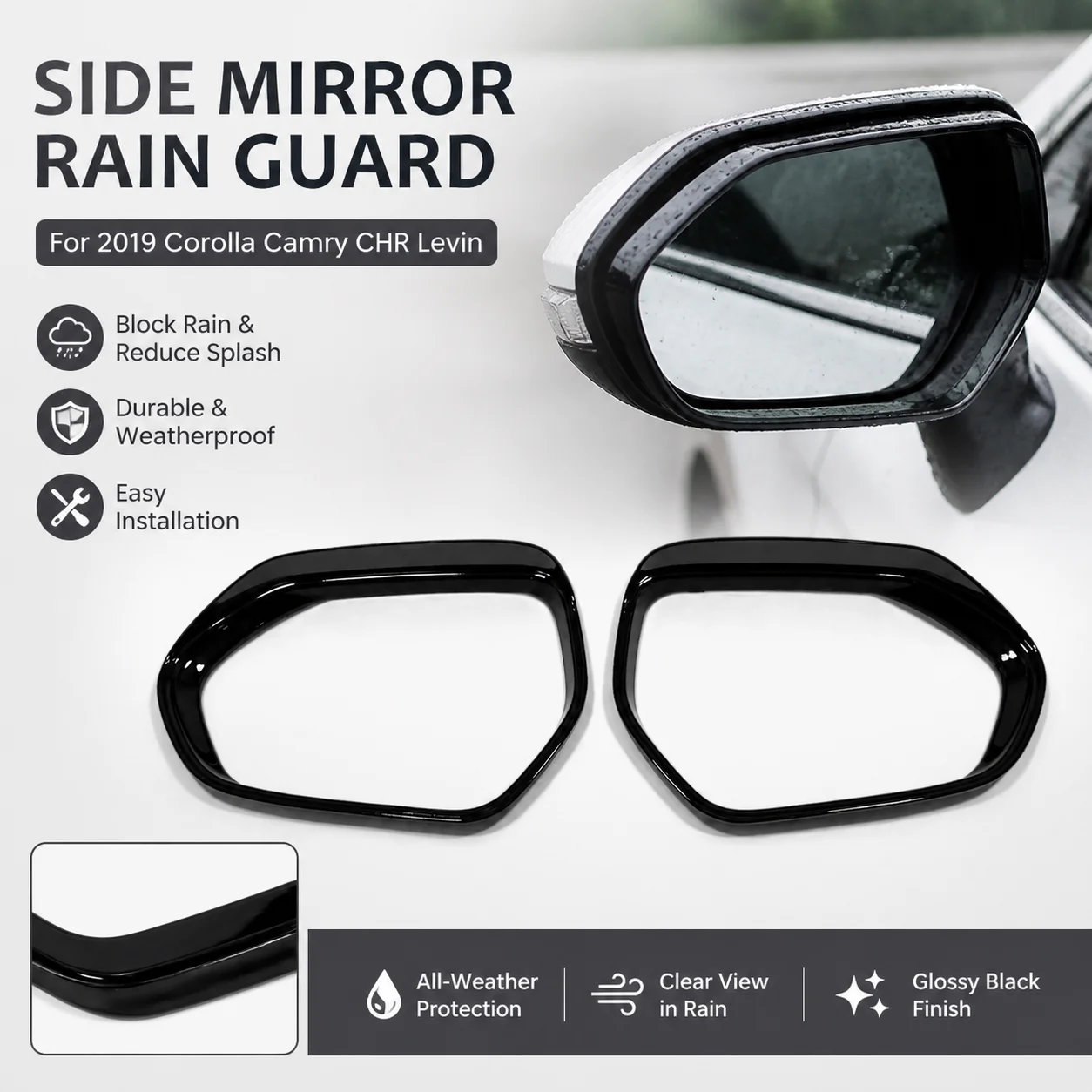 2019 Corolla Camry CHR Levin Side Mirror Rain Guard Glossy Black 2 Pcs