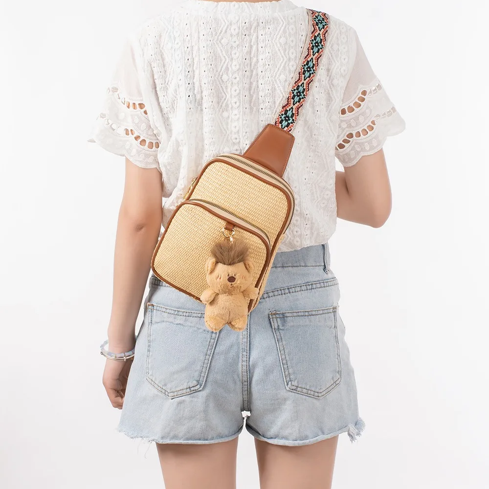 

Boho Straw Crossbody Sling Bags Women Vintage Guitar Strap Weaving Fanny Packs with Pendant Female Fashion Cute Waist Pack