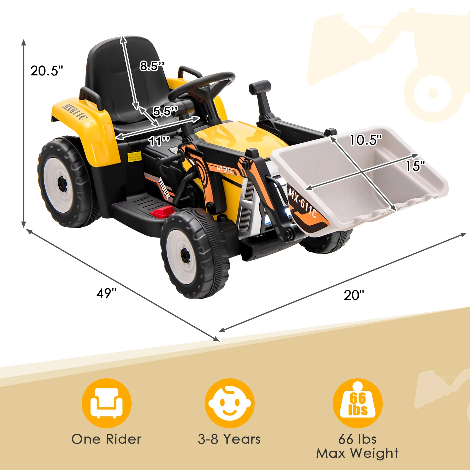 Dzieci jeżdżą na koparce 12V ciągnik elektryczny RC w/szufla żółty