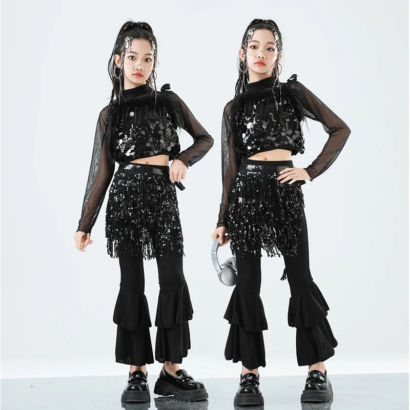 Mädchen K-pop Silber Pailletten Mesh Crop Top Street Dance Hosen Kinder Hip Hop Shiny Streetwear Kinder Jazz Mädchen Gruppe kleidung Sets