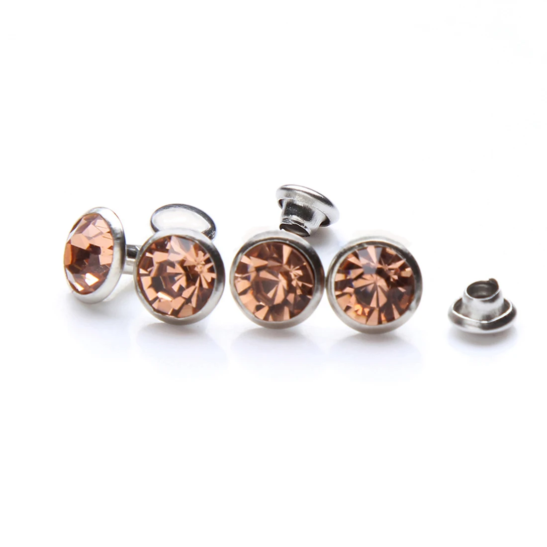 100Sets 6mm&8mm Light Peach Crystal Rhinestone Rivets Studs Silver Metal Base for Clothing Bag Leathercraft Rivet