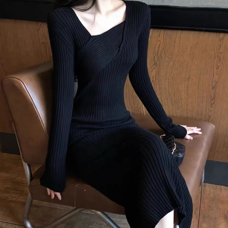 Gehaakte damesjurken Bodycon Knielengte Coole aanbiedingen Nieuw in hoge kwaliteit Uitverkoop Y2k Cover Up Midi Vrouwelijke gebreide jurk