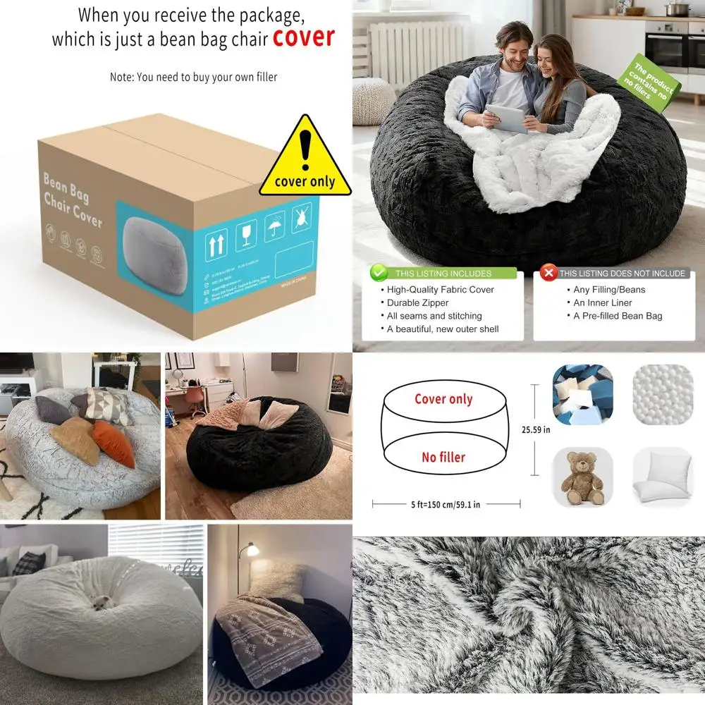 

Round Velvet Bean Bag Cover, Washable Lazy Sofa Bed for Adults - Living Room, Bedroom, Outdoor, 5ft Black