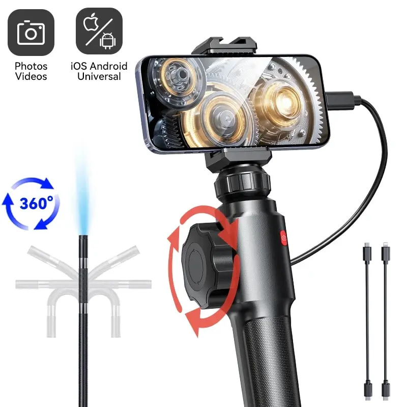 360° Two-Way Articulating Borescope Industrial Endoscope 8mm 5.5mm Car Sewer Inspection Camera with Light for PC IOS Android