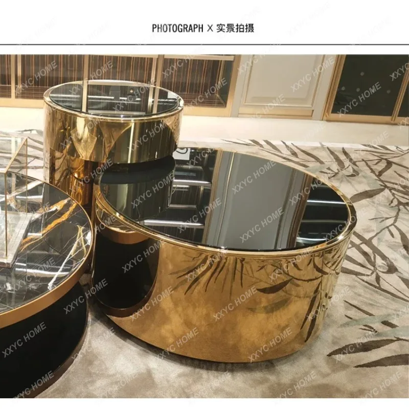 

LLight luxury household marble Lauren black gold coffee table stainless steel simple size combination round doublelayer tea tab