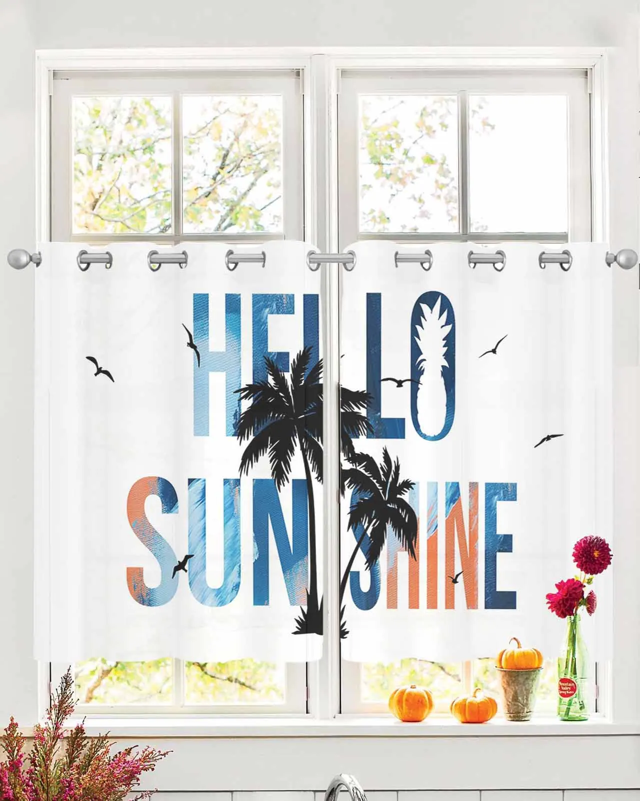 

2 шт. тюлевые оконные шторы для летних каникул с градиентом пальмы для гостиной, спальни, шифоновая прозрачная вуаль, оконная занавеска