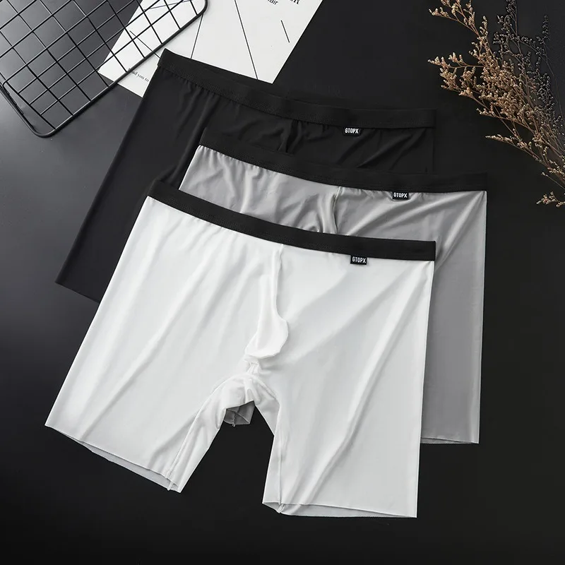 Men's lengthening section four corner underpants anti-mo leg ice silk low waist thin section sports cycling pants flat pants