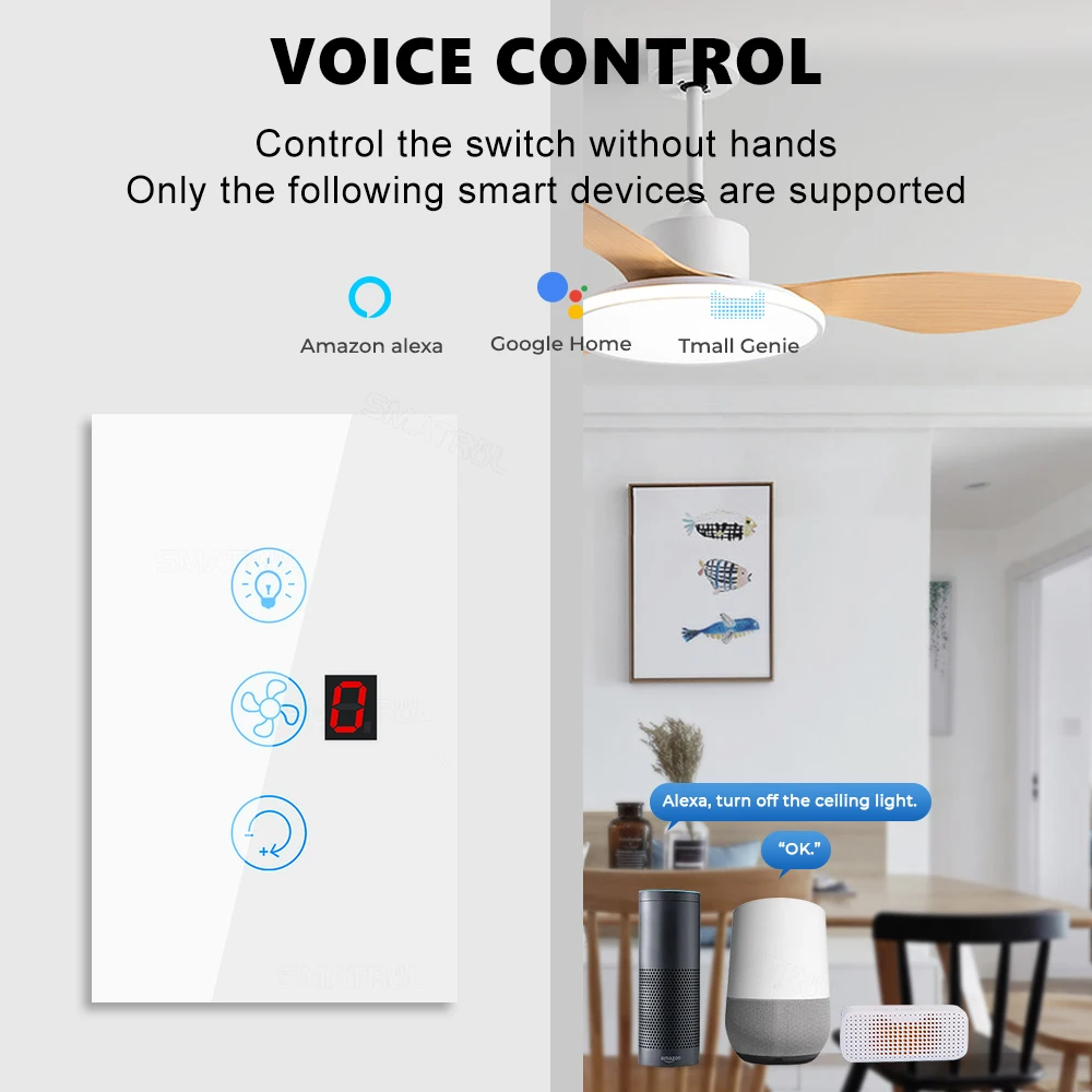 EU Us Tuya Smart WiFi Touch Switch Fan Light Ceiling Lamp Speed Control Wall Glass Panel Electrical App For Alexa Google Home