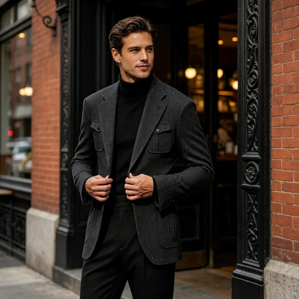 Men's Jacket   Herringbone Tweed Blazer Lapel Multi‑Pocket Single‑Breasted Casual Business Jacket For Autumn Daily Outdoor Wear