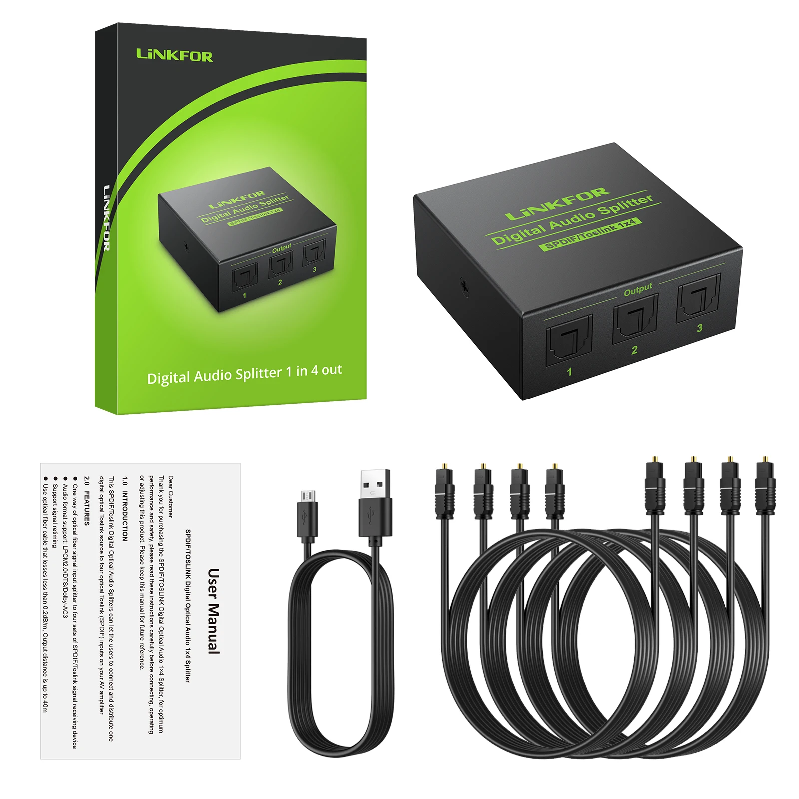 LiNKFOR 1 In 4 Out SPDIF Toslink Optical Digital Audio Splitter 1x4 Unterstützung LPCM 2,0 DTS Dolby-AC3 mit optische Kabel Für HDTV