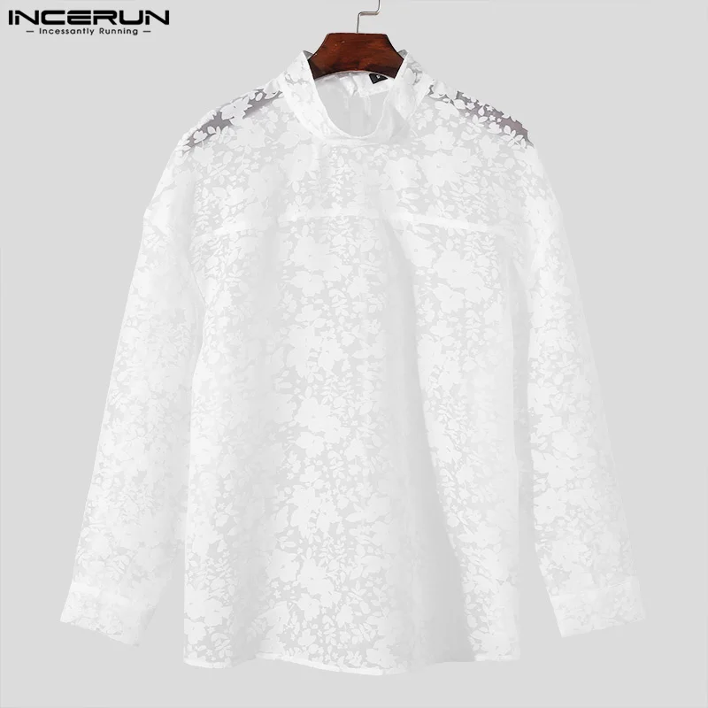 INCERUN-Camiseta de Jacquard transparente para hombre, camisa de manga larga con cuello alto, ropa de calle Sexy, moda Unisex, 2024