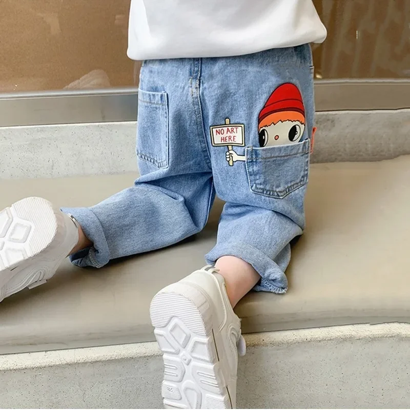 Baby Boys Jeans Kids Casual High Waist Jean Pant Cartoon Printed Denim Pants Children\'s 2024 Spring Autumn Trousers Clothes