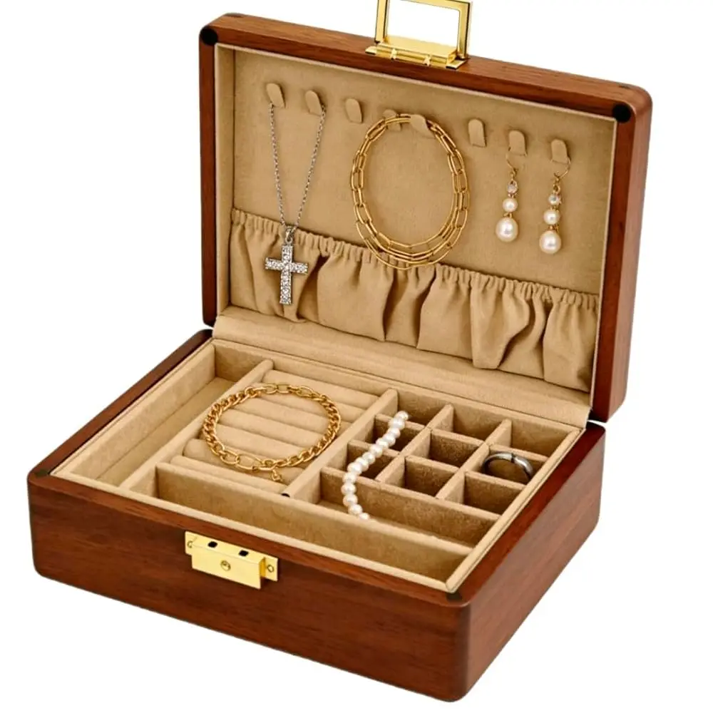 Caja de Joyería de Madera Sólida de 2 Niveles con Cerradura y Llave para Mujeres y Hombres, Organizador de Joyas de Madera y Terciopelo Vintage para Guardar Aretes