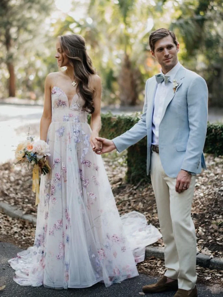 สายสปาเก็ตตี้โบฮีเมียน Boho ชายหาดชุดแต่งงานพิมพ์ดอกไม้ชุดเจ้าสาว vestidos de Renda