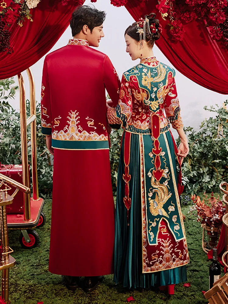 2022 Lovers Modern Cheongsam Red Phoenix Embroidery Qipao Chinese Style Wedding Dress Oriental Clothing Size S-2XL