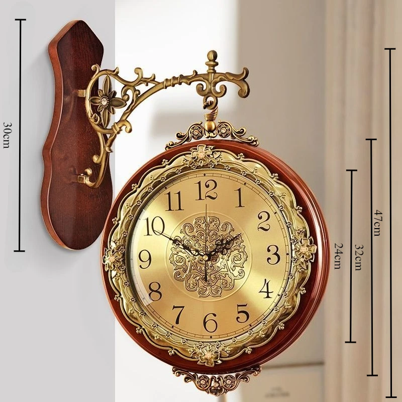 Wooden Wall Clock Living Room Double-sided Clocks Vintage Room Decoration Luxury Wall Watch Silent Entrance Hall Decoration
