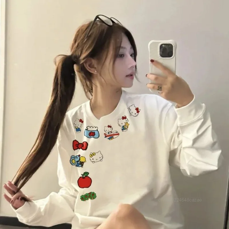 Sanrio Hello Kitty New Pure Cotton Printed Long Sleeved T-shirt Korean Version Simple Design Y2k Girl Loose Casual Versatile Top