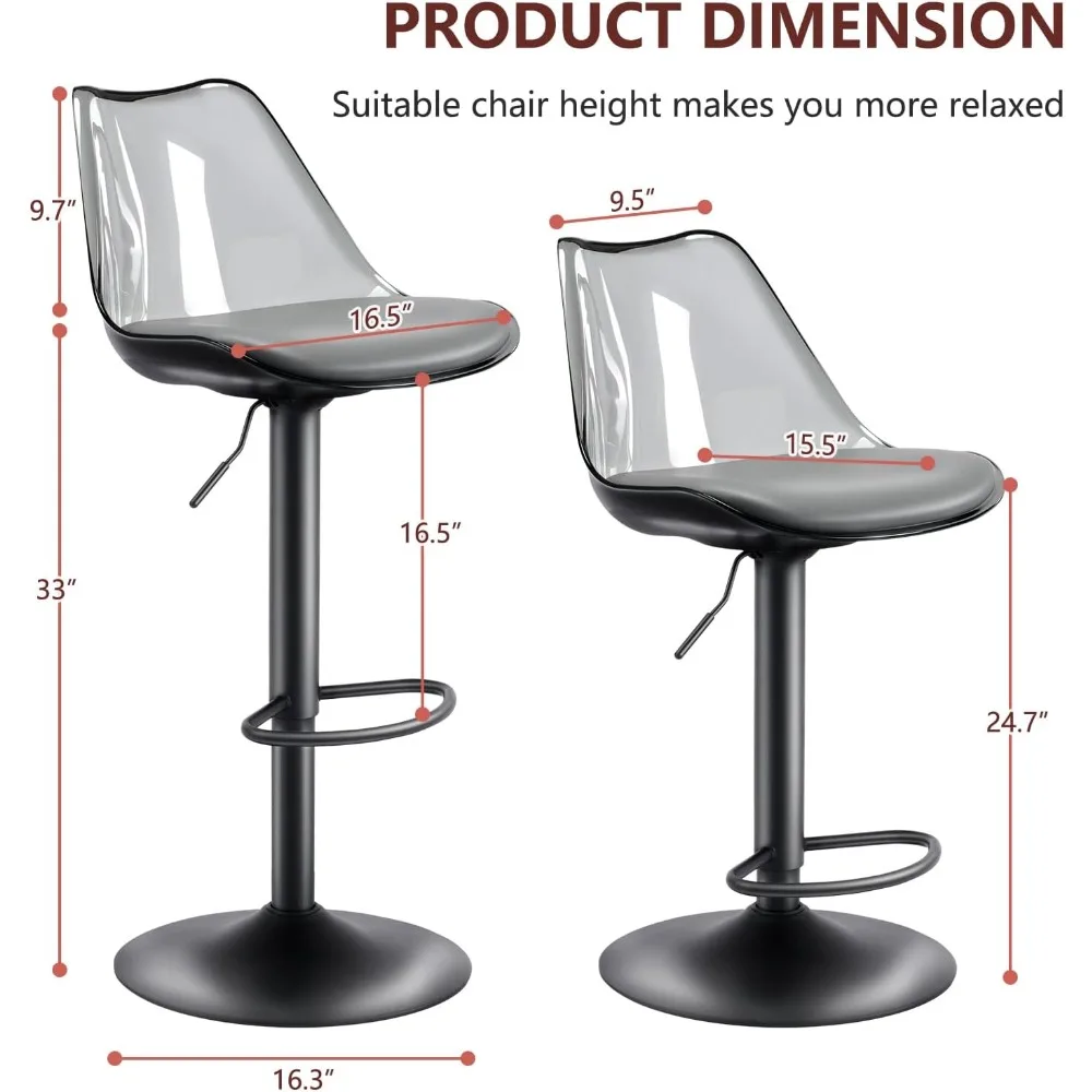 مجموعة مقاعد بار شفافة مكونة من 2، مقاعد بار أكريليك دوارة قابلة للتعديل بارتفاع عداد مع منجد من جلد البولي يوريثان، مقاعد بار بدون ذراع