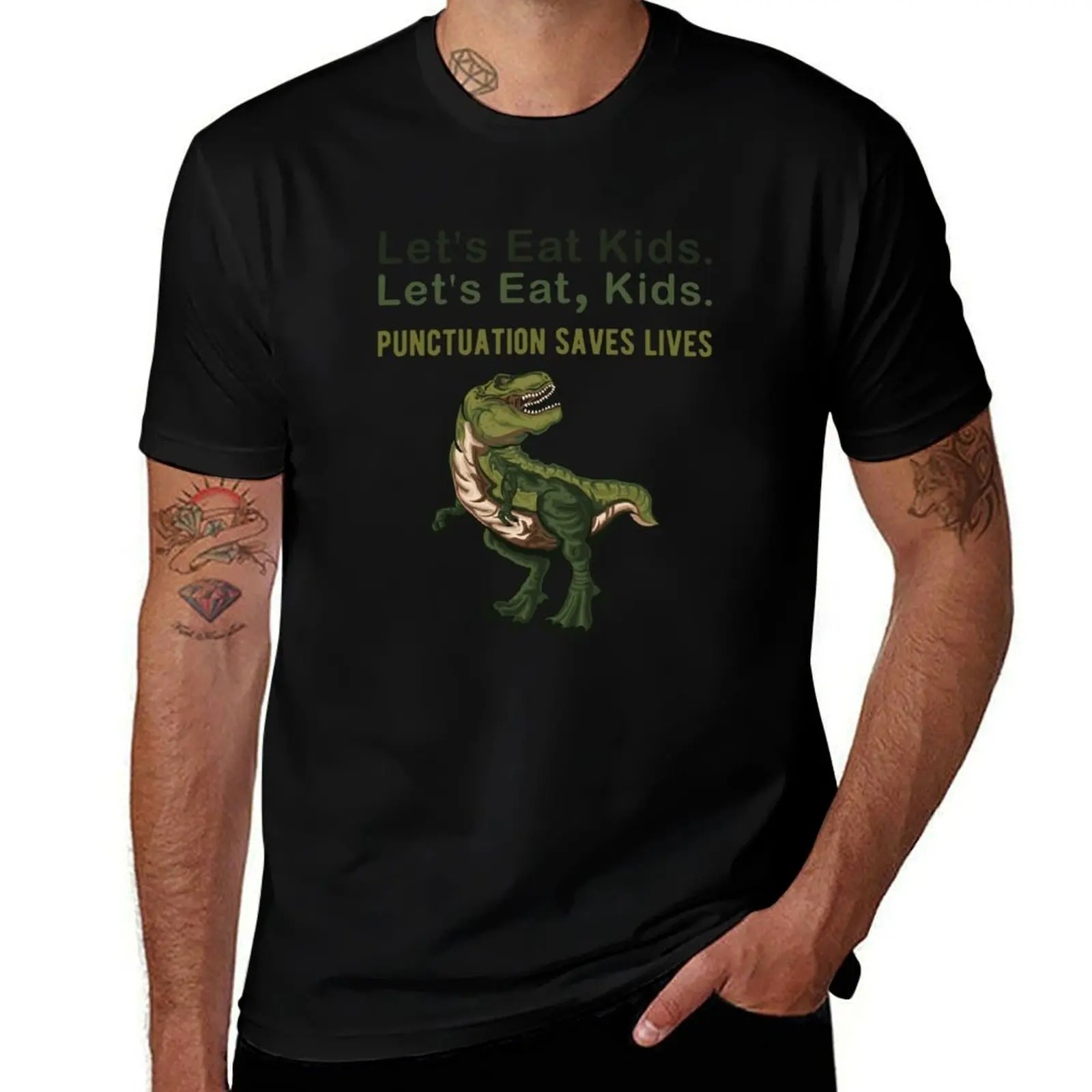 Dinosaur Christmas Pun Let's Eat Kids Punctuation Saves Lives Funny T-Rex Dino Sayings T-Shirt