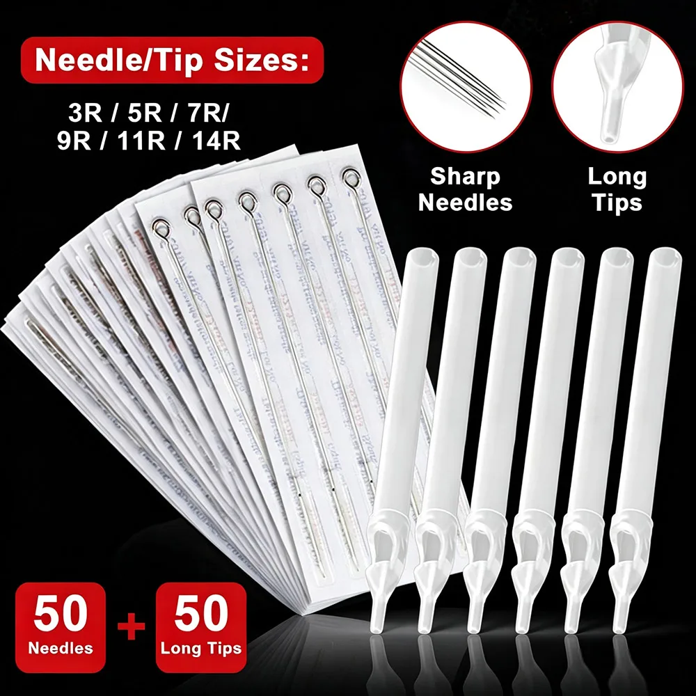 

50Pcs Tattoo Needles and 50Pcs Long Tips Set 3R 5R 7R 9R 11R 14R Disposable Sterile Tattoo Needle Tips for Tattoo Artists