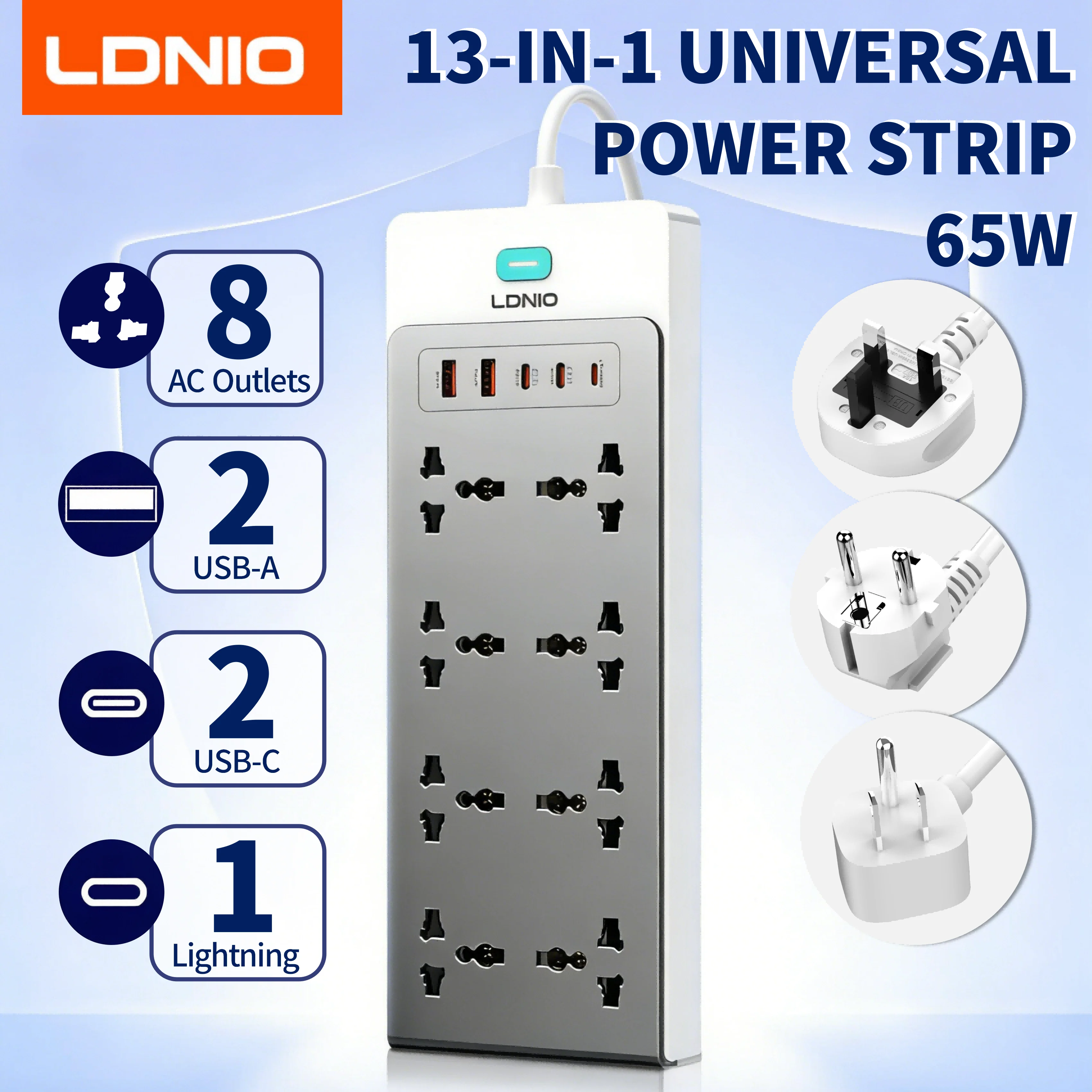 LDNIO 65W 13-in-1 Power Strip Surge Protection 2M Extension Cord Universal Outlets EU KR UK US Plug USB C Fast Charging Station
