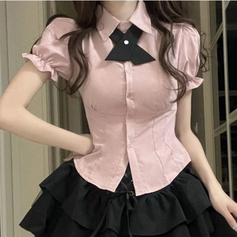 Y2K Women Solid Shirt Korean Sweet Summer Slim Bow Tie Button Female Blouse Fashion New Chic Puff Short Sleeve Ladies Tops