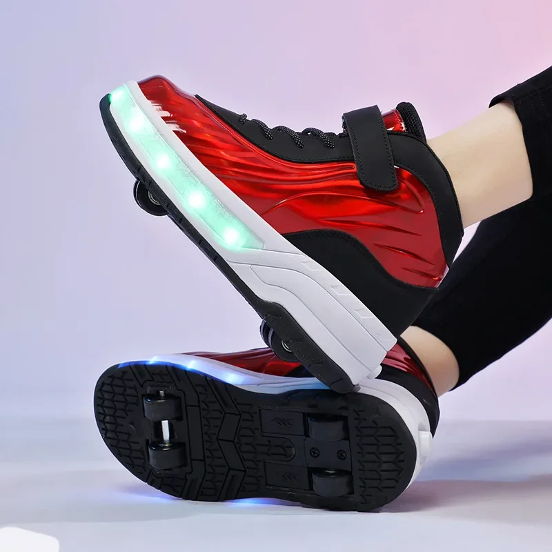 Deformacja czterokołowy podwójny buty do łyżwiarstwa z głowicą hamulcową, dwurzędową rolką, swobodnym chodzeniem sportowym, adidasy do biegania,