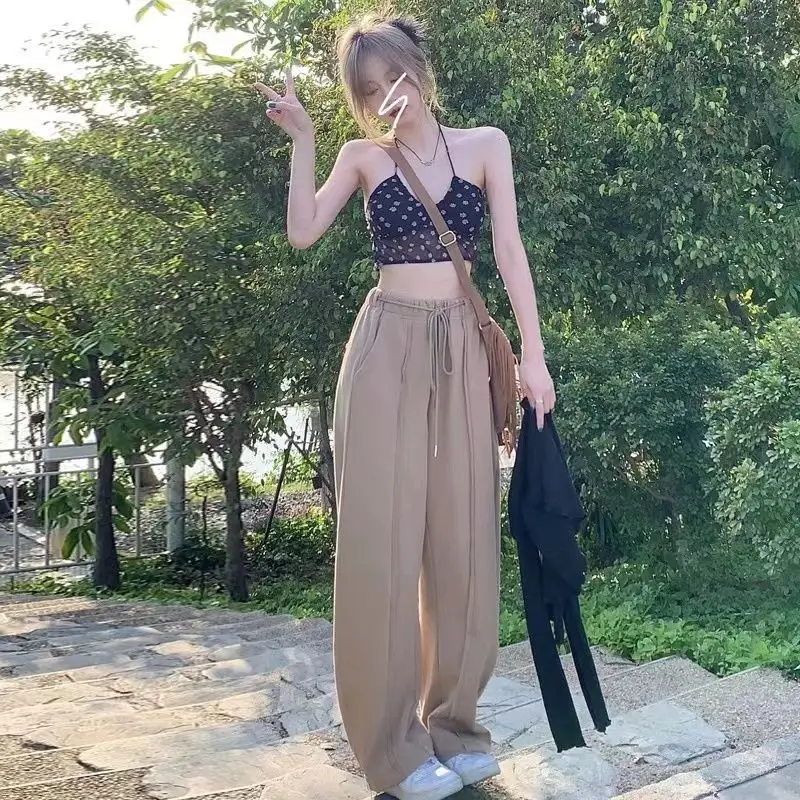 Womens Brown Vintage High Rise Straight Wide Leg Sweatpants Autumn Slouchy Drape Loose Slimming Trousers
