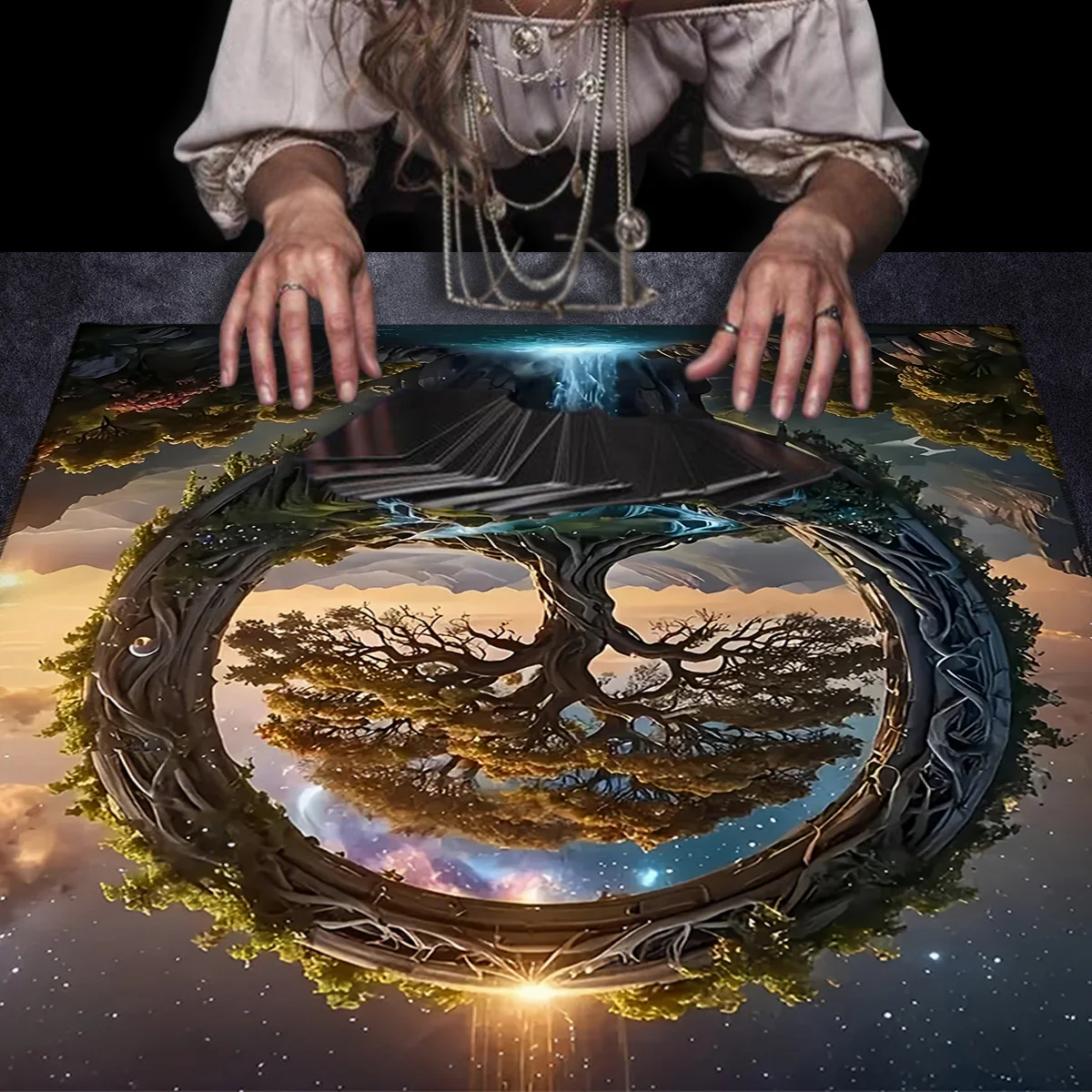 شجرة الحياة العرافة مفرش المائدة التارو مفرش المائدة البوليستر المذبح القماش أوراكل بطاقة حصيرة الطرف الديكور
