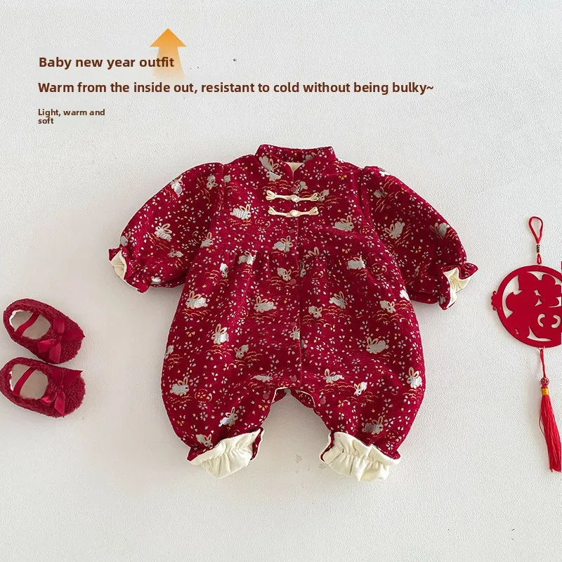 

Baby bunny New Year's clothing 2025 new winter baby retro buckle crawling clothes newborn plus velvet jumpsuit