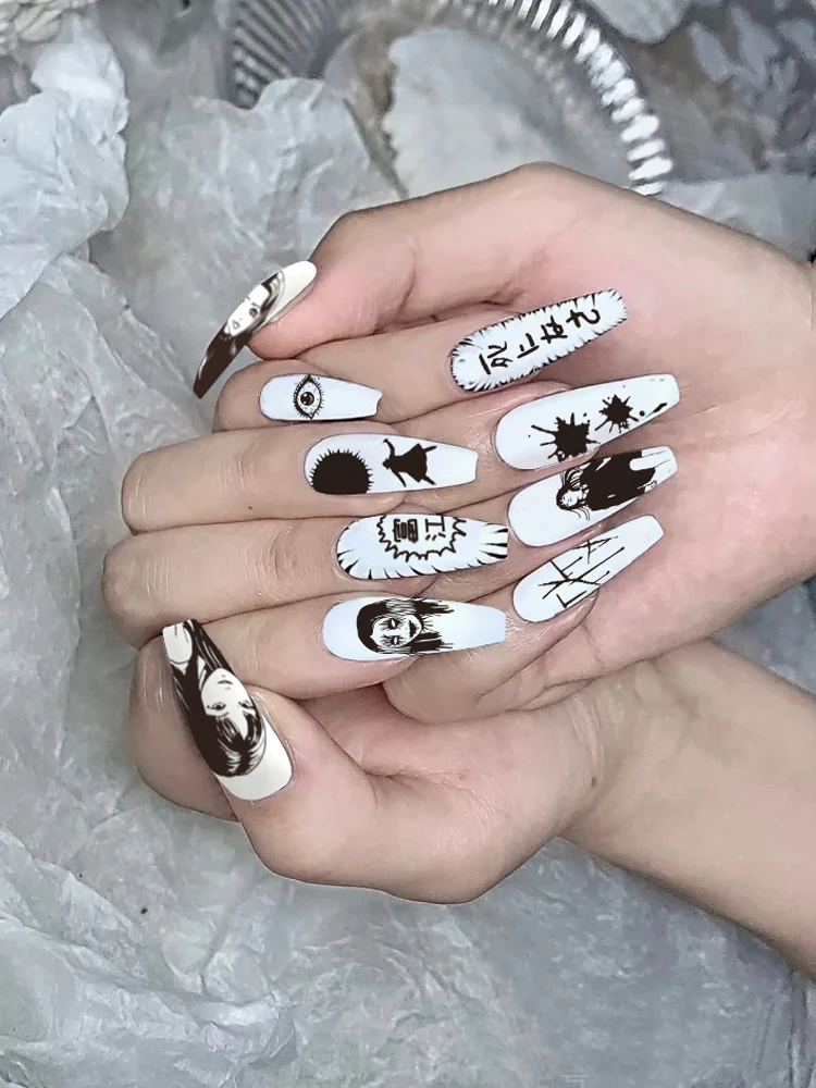 Horror Mange Style Black White Pretty Nail Template Fruit Line Art Flowers Cute Nail Art Accessories Lace Uv Gel Nail Supplies