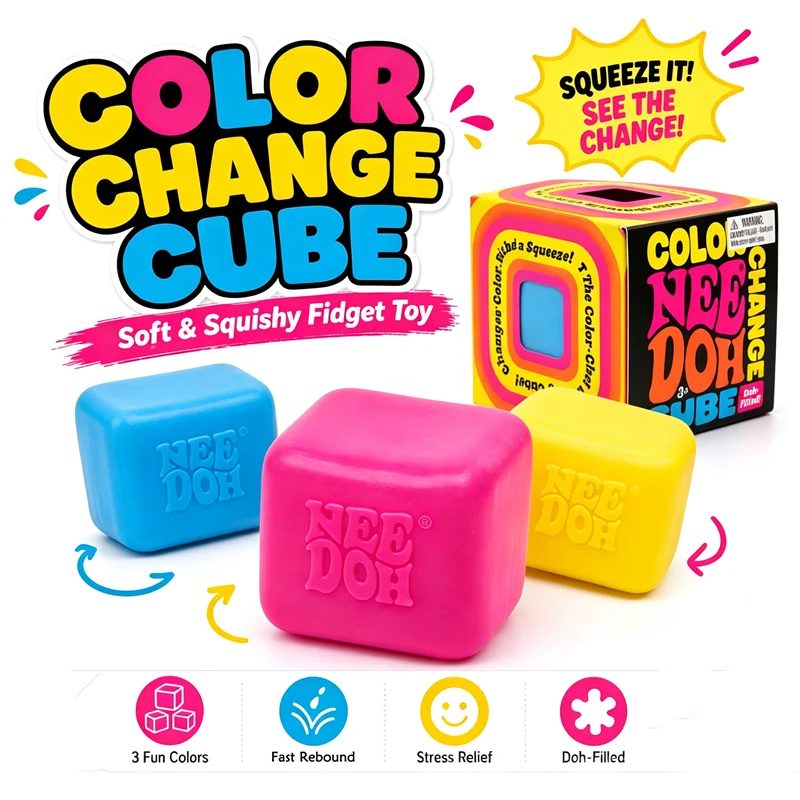 Schylling Needoh Color Change Cube Squeeze Fidget Toy Dough Filled Fast Rebound Calming Stress Relief for Autism Adults Gift