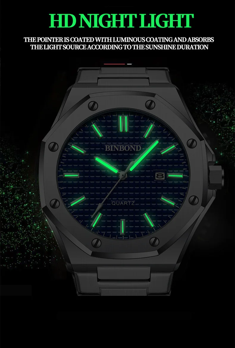 BINBOND 0233 Модные мужские кварцевые часы с восьмиугольным винтом, ремешок из сплава, высококачественные кварцевые мужские часы 2025