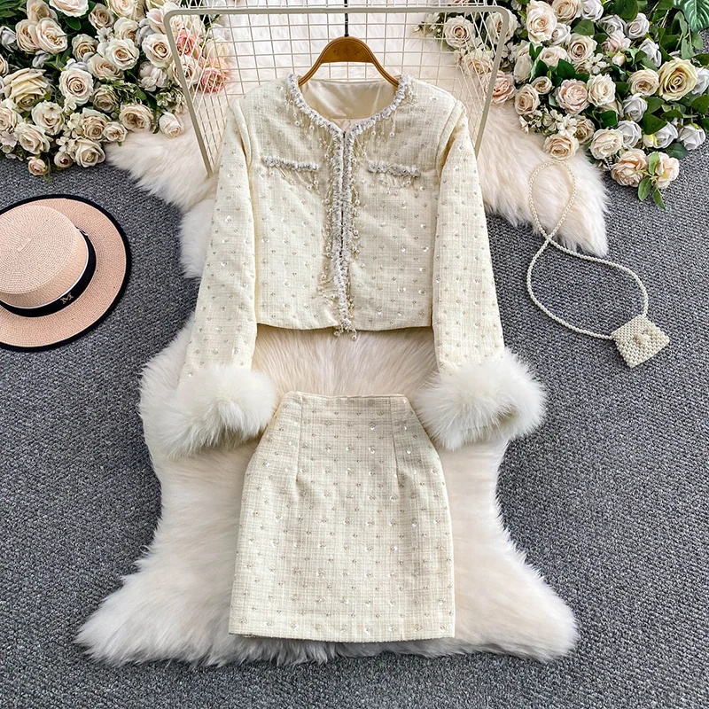 Light luxury small fragrance style two piece set heavy industry nail bead splicing tweed sequin short jacket+short skirt