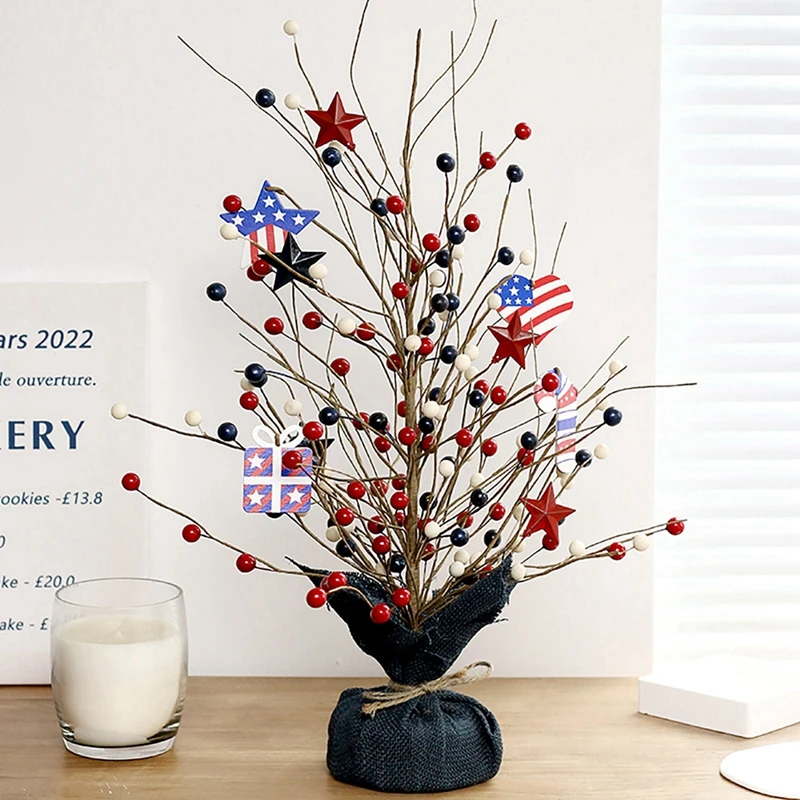 

Christmas Decoration 4th of July Table Colorful Ornament Artificial Tabletop Tree with Berries Stars Patriotic Festival Decors