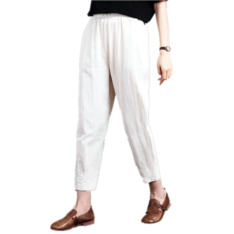 Pantalones informales de pierna recta holgados de lino y algodón para mujer, pantalones Harlan finos de verano para mamá, pantalones de calle cómodos y transpirables de talla grande