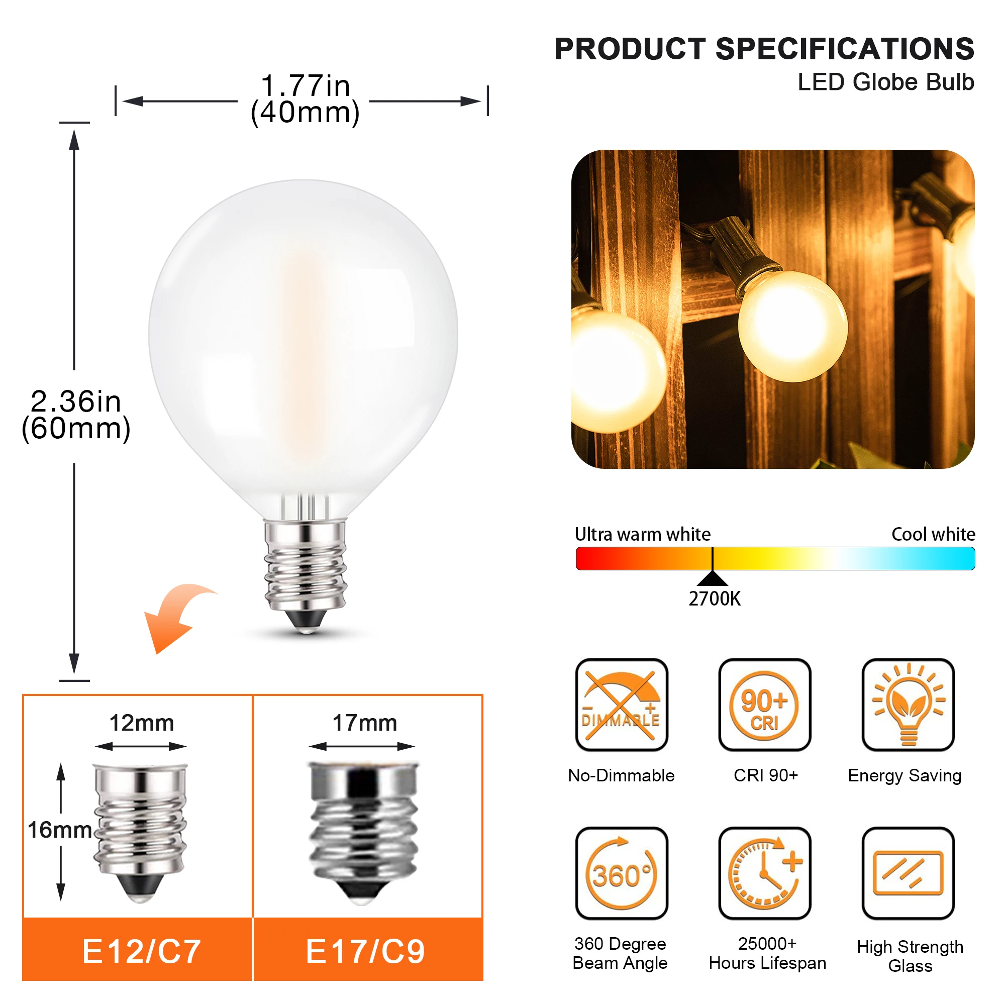 G40 E12 LED Filament String Light Replace Bulb 1W Frosted Glass 2700K Warm White 10W Equivalent Patio Wedding Party Home Decor