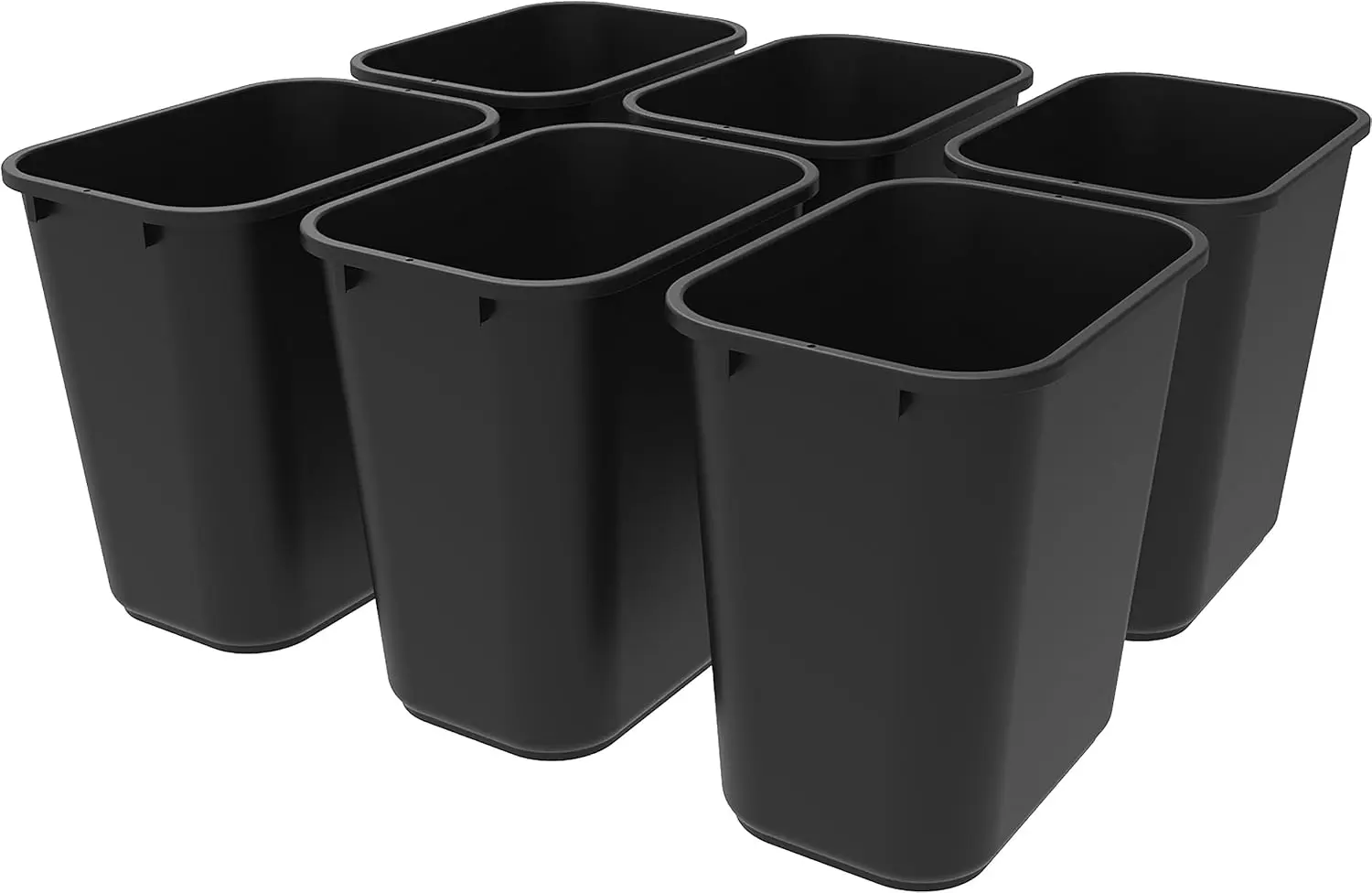 

Medium Waste Basket, 15x10.5x15 Inches, Black, Case of 6 - Durable Plastic Garbage Can for Home or Office