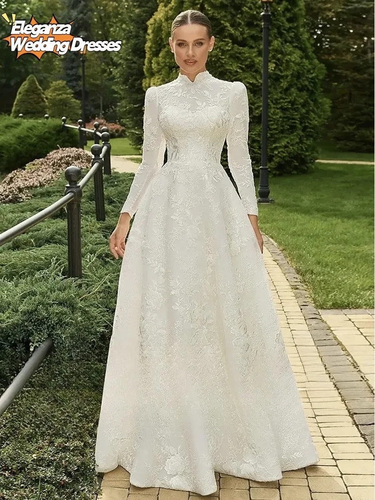 Мусульманские свадебные платья по индивидуальному заказу для женщин с длинными рукавами и аппликацией длиной до пола, тюль трапециевидной формы, свадебное платье Vestidos De Novia