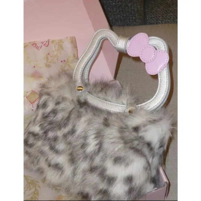 Xiuya Cute Hello Kitty Handbags for Women Leopard Y2k Harajuku Style Shoulder Bag Plush Fluffy Designer Female Aesthetic Bags